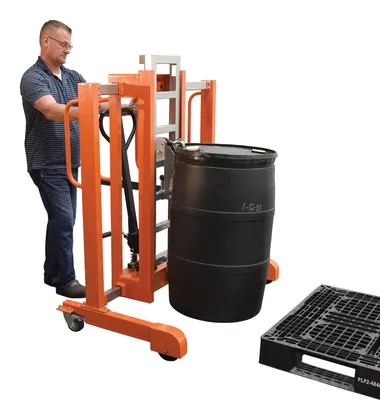 Vestil PSDT-ADP-2136 drum transporter & de-palletizer shown from an alternate angle
