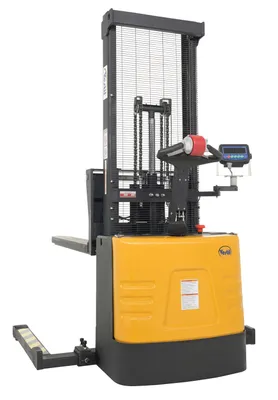 Vestil S-62-AA-SCL adjustable powered stacker w scale shown from an alternate angle