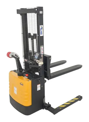 Vestil S-62-AA-SCL adjustable powered stacker w scale shown from an alternate angle