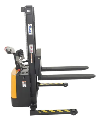 Vestil S-62-AA-SCL adjustable powered stacker w scale shown from an alternate angle