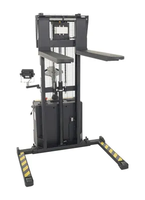 Vestil S-62-AA-SCL adjustable powered stacker w scale shown from an alternate angle