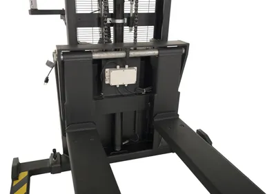 Vestil S-62-AA-SCL adjustable powered stacker w scale shown from an alternate angle
