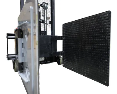 Vestil S-CB-2341-BCF fully powered bale clamp & lift stacker shown from an alternate angle
