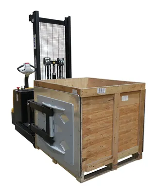 Vestil S-CB-2341-BCF fully powered bale clamp & lift stacker shown from an alternate angle