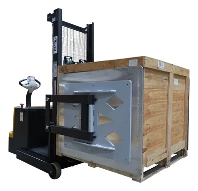 Vestil S-CB-2341-BCF fully powered bale clamp & lift stacker shown from an alternate angle