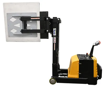 Vestil S-CB-2751-BCF fully powered bale clamp & lift stacker shown from an alternate angle