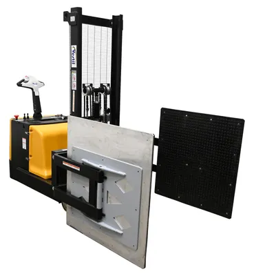 Vestil S-CB-2751-BCF fully powered bale clamp & lift stacker shown from an alternate angle