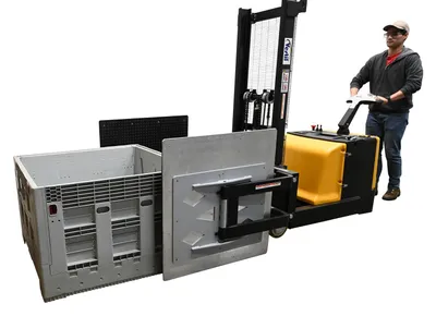 Vestil S-CB-2751-BCF fully powered bale clamp & lift stacker shown from an alternate angle