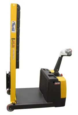 Vestil S-CB-NM-60 counter balanced narrow stacker w multi-use attachment shown from an alternate angle
