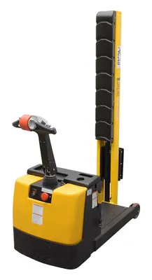 Vestil S-CB-NM-60 counter balanced narrow stacker w multi-use attachment shown from an alternate angle