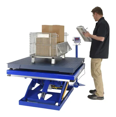Vestil SCALE-MU-4848-5-BL integral scale for scissor table shown from an alternate angle