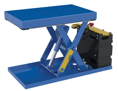 Vestil Steel Scissor Lift Table DC Power 44-3/16 In. x 20-1/2 In. x 28 In. 500 Lb. Capacity Blue