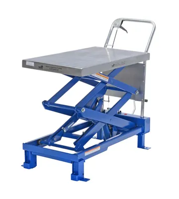 Vestil SCTAB-800D foot pump & powered scissor lift table shown from an alternate angle