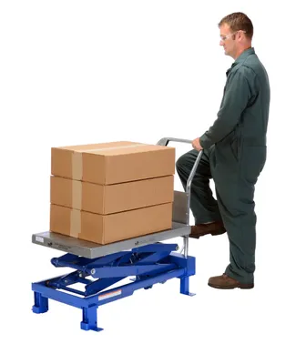 Vestil SCTAB-800D foot pump & powered scissor lift table shown from an alternate angle