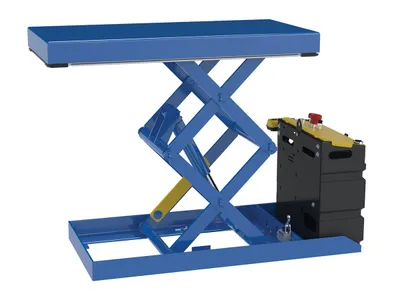 Vestil Steel Double Scissor Lift Table DC Power 49-9/16 In. x 20-1/2 In. x 35 In. 750 Lb. Capacity Blue