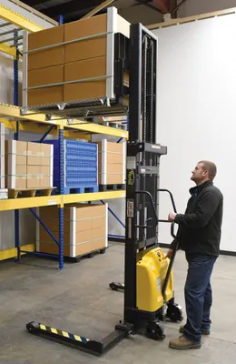 Vestil SE/HP-118-AA combination hand pump and electric stacker shown from an alternate angle
