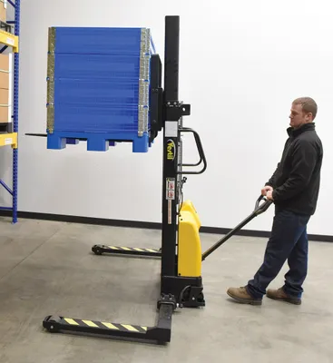 Vestil SE/HP-98-AA combination hand pump and electric stacker shown from an alternate angle