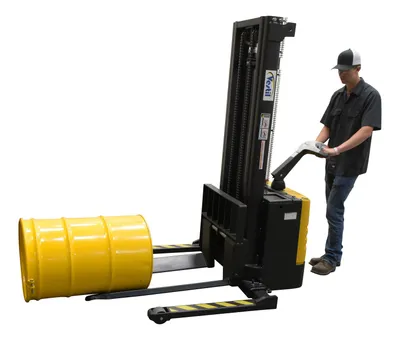 Vestil SLNM-AA-RFK narrow mast stackers with powered lift shown from an alternate angle
