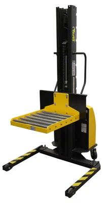 Vestil SLNM-AA-RP narrow mast stackers with powered lift shown from an alternate angle