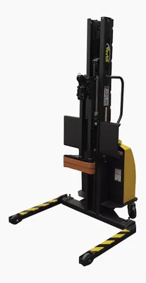 Vestil SLNM-AA-SDG narrow mast stackers with powered lift shown from an alternate angle