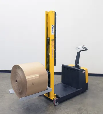 Vestil STA-ATT-FRF-20 counter balanced narrow stacker w multi-use attachment shown from an alternate angle