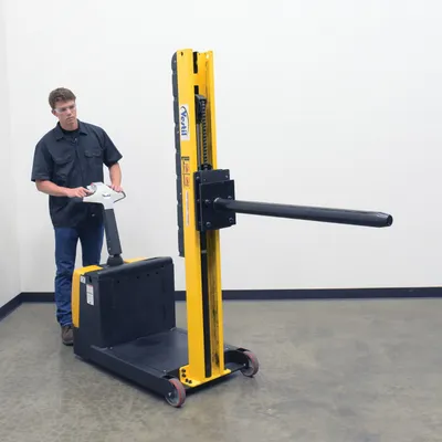 Vestil STA-ATT-PRP counter balanced narrow stacker w multi-use attachment shown from an alternate angle