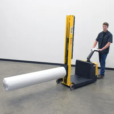 Vestil STA-ATT-PRP counter balanced narrow stacker w multi-use attachment shown from an alternate angle