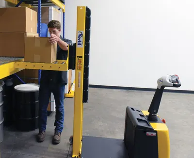Vestil STA-ATT-RP counter balanced narrow stacker w multi-use attachment shown from an alternate angle