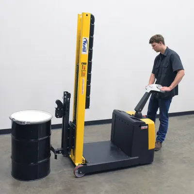 Vestil STA-ATT-SDG counter balanced narrow stacker w multi-use attachment shown from an alternate angle
