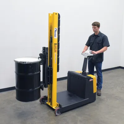 Vestil STA-ATT-SDG counter balanced narrow stacker w multi-use attachment shown from an alternate angle