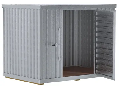 Vestil STOR-96-G-W-1RH storage building shown from an alternate angle