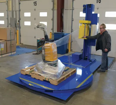 Vestil SWA-82-AW medium duty high performance auto-wrap stretch wrap machine shown from an alternate angle