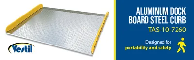 Vestil TAS-10-7260 aluminum truck dockboards with steel safety curb feature highlights