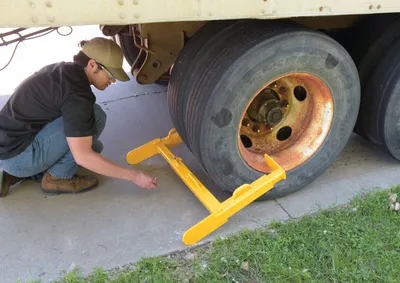 Vestil TWL-2435 trailer wheel lock shown from an alternate angle