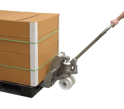 Vestil ULM-PM-2045-30 stainless steel pallet truck shown from an alternate angle
