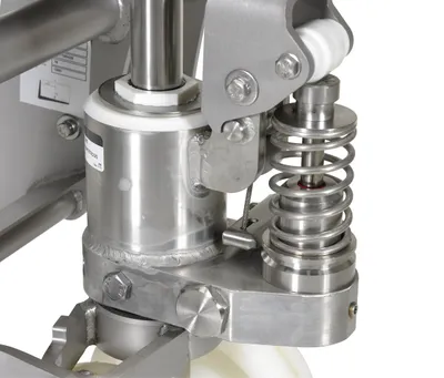 Vestil ULM-PM-2745-30 stainless steel pallet truck shown from an alternate angle