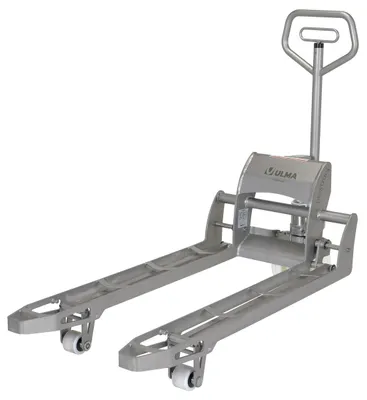 Vestil ULM-PM-2745-30 stainless steel pallet truck shown from an alternate angle