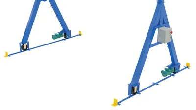 Vestil V-TRACK-ES steel gantry crane power traction drive option shown from an alternate angle
