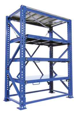 Vestil VRSOR-60 heavy duty roll-out shelving shown from an alternate angle