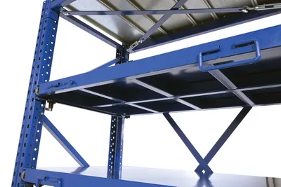 Vestil VRSOR-60 heavy duty roll-out shelving shown from an alternate angle