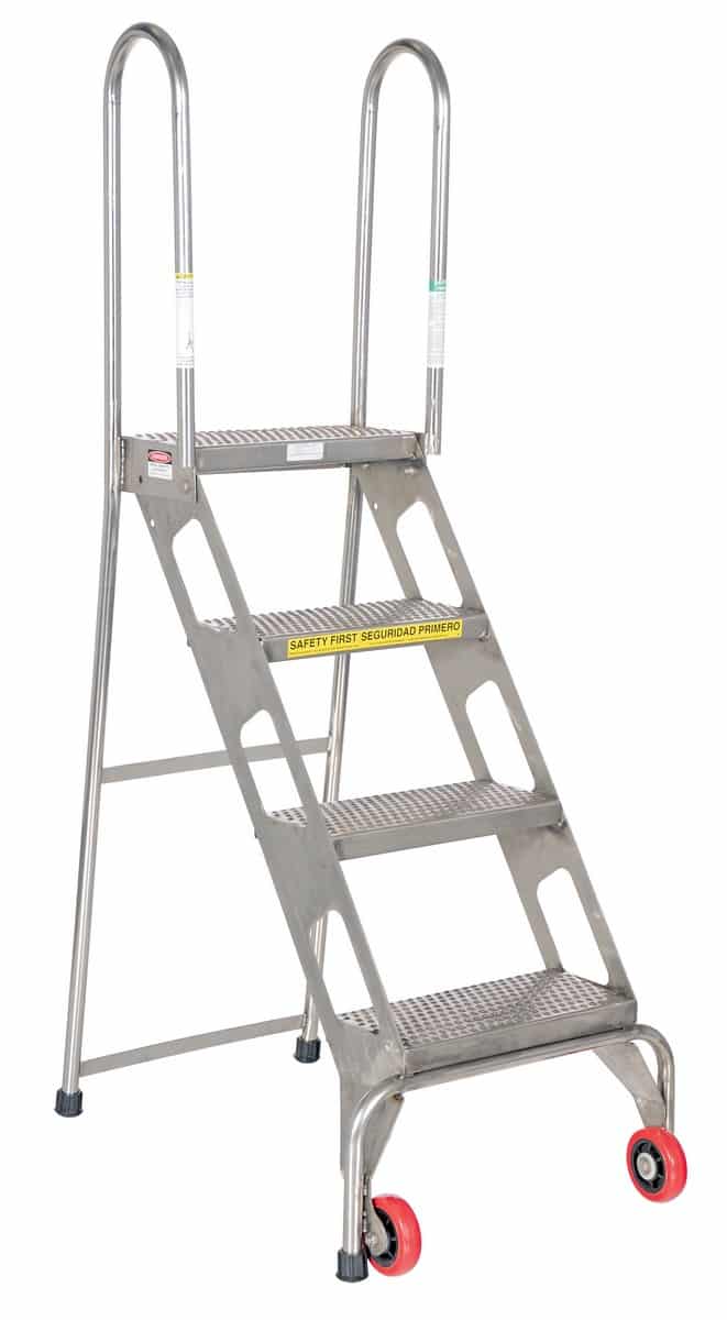 - Flad-4-Ss Folding 4 Step Ladder W/Wheels Ss - Material Handling