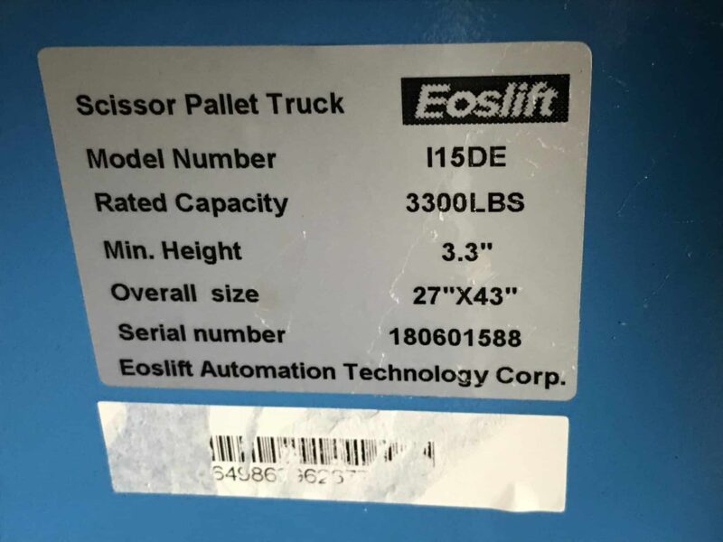 Eoslift I15De Electric Double Scissor Lift Pallet Jack - Eoslift I15De Electric Double Scissor Lift Pallet Jack - Material Handling