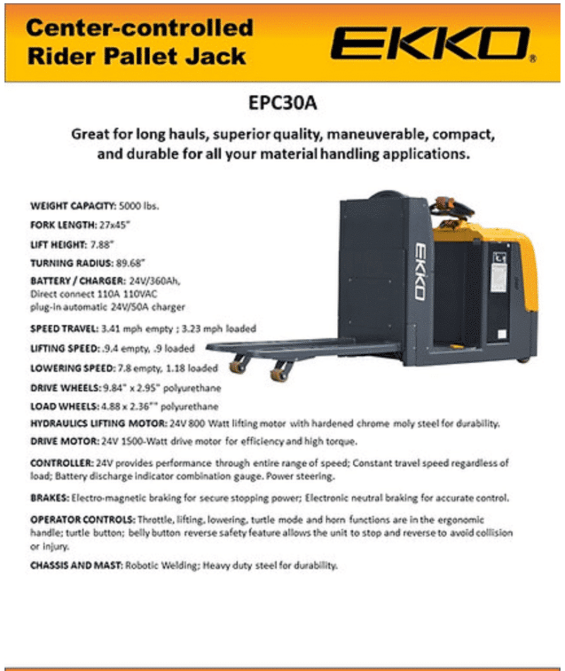 Ekko Epc30A Electric Center-Controlled Rider Pallet Jack