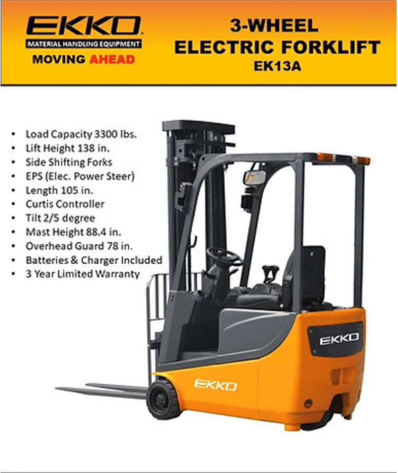 EKKO EK13A 3 Wheel Electric Forklift